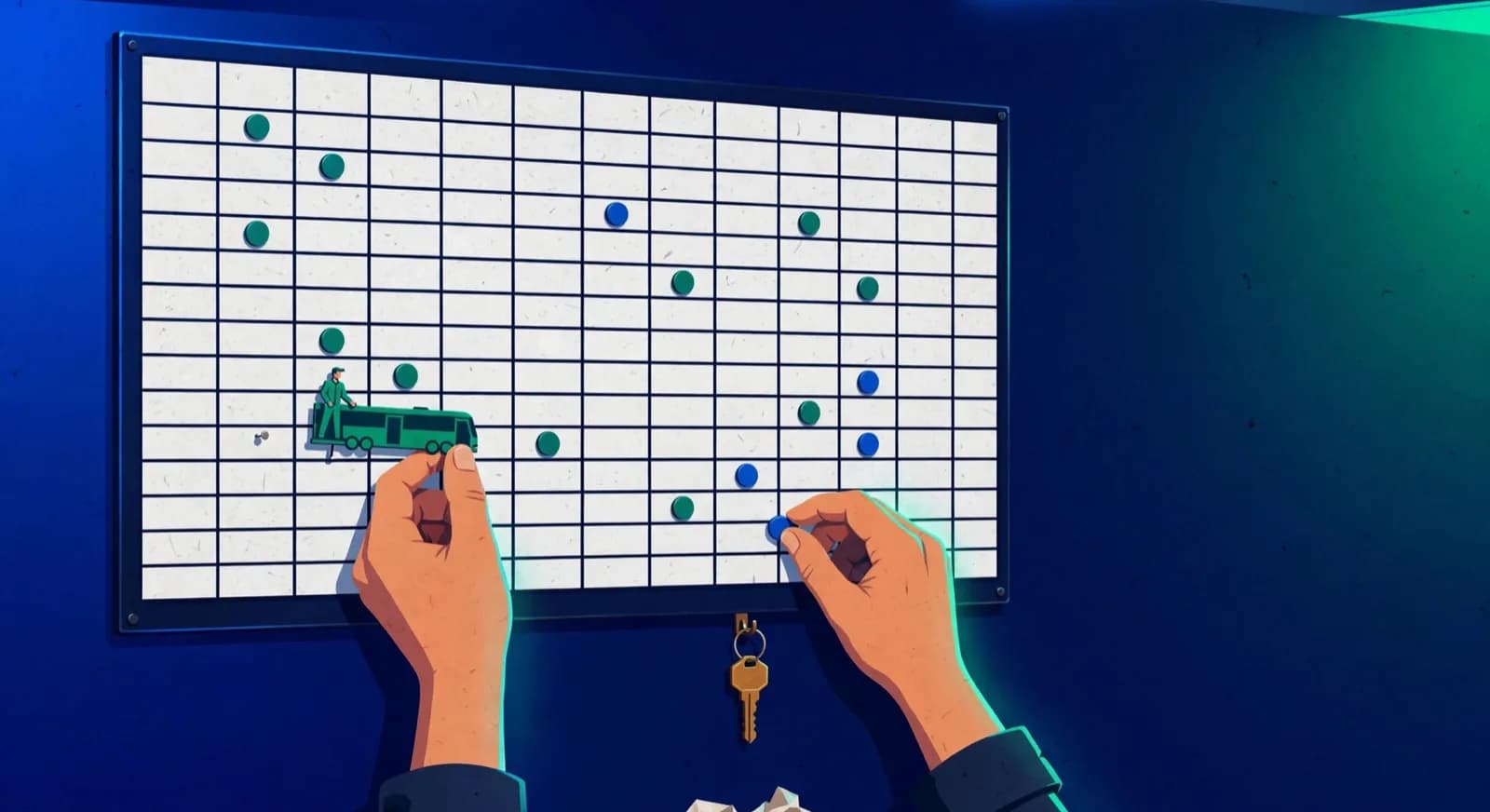 Hands pin coach figurines and room keys onto a blank magnetic timetable before placing group tokens.