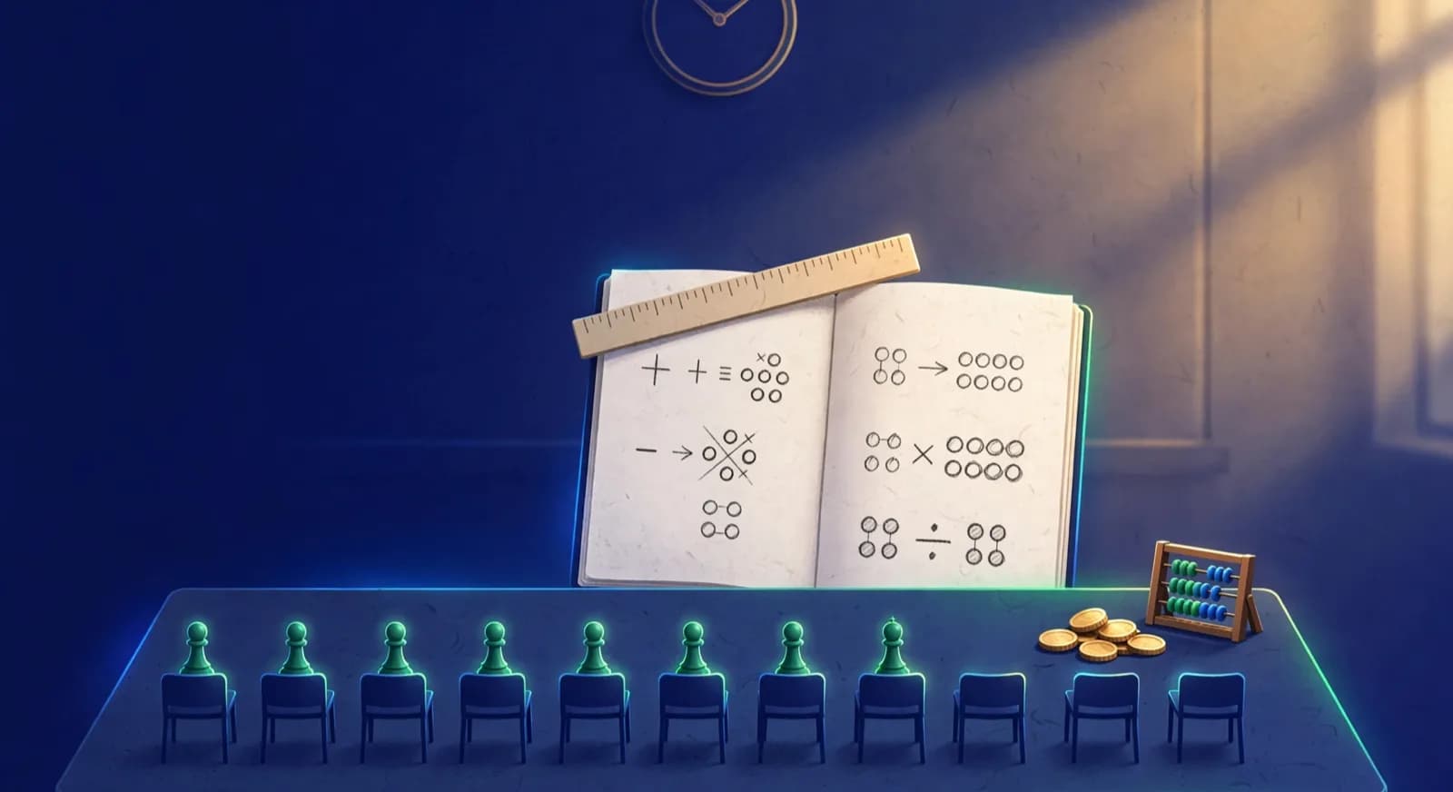 Small batch table with eight pawns seated and coins beside a notebook with calculations.