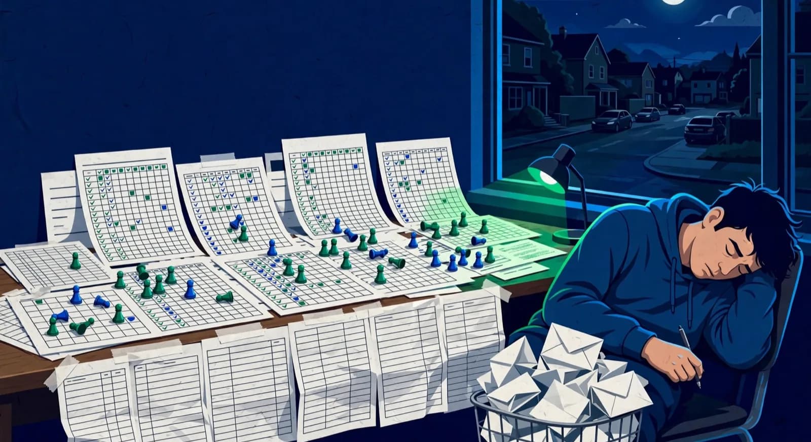 A coach sits late at a desk buried in paper attendance grids, pawn tokens, and unsent parent notes.