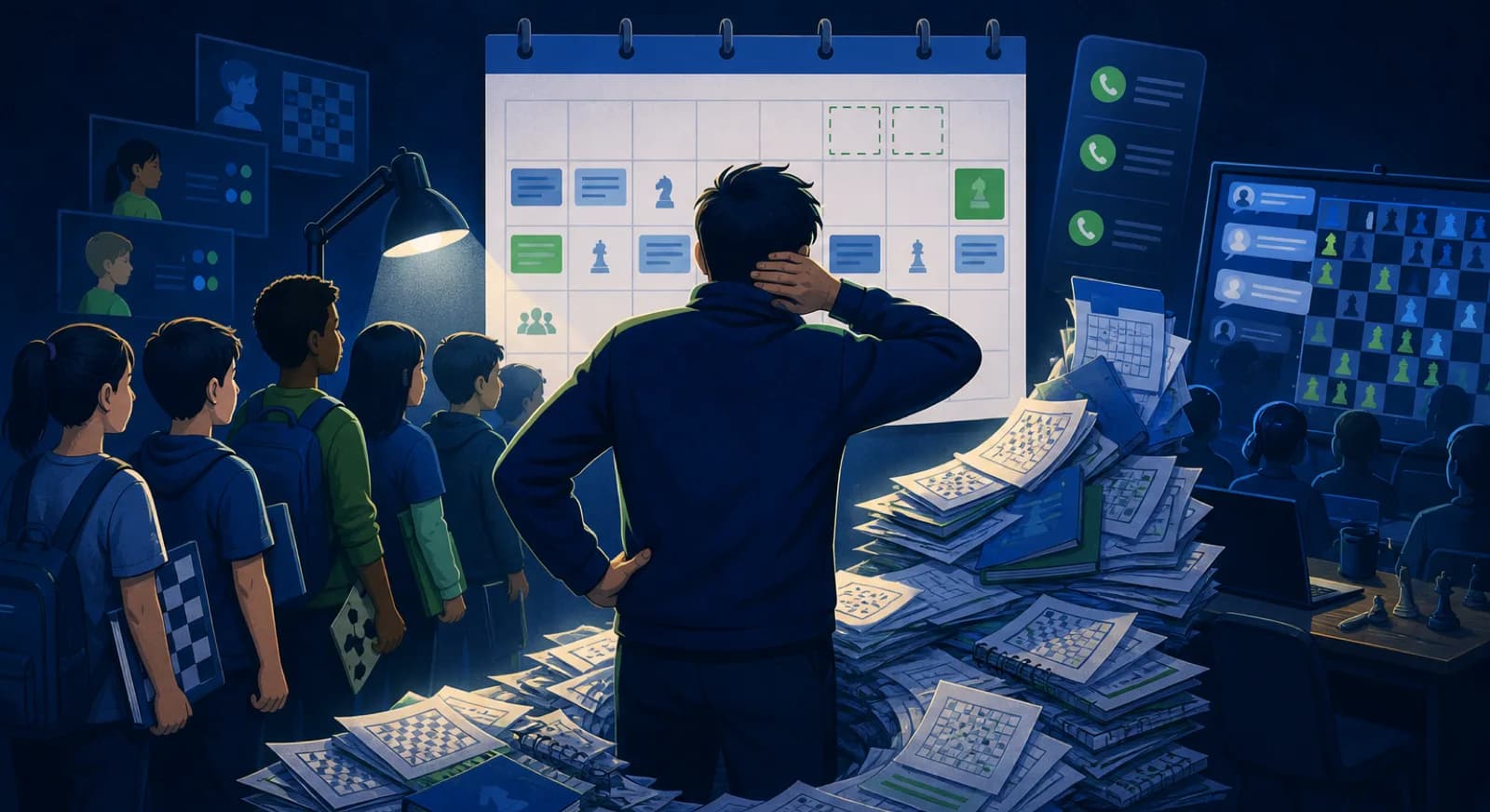 Four early capacity signals rise around a coach whose calendar still appears open.
