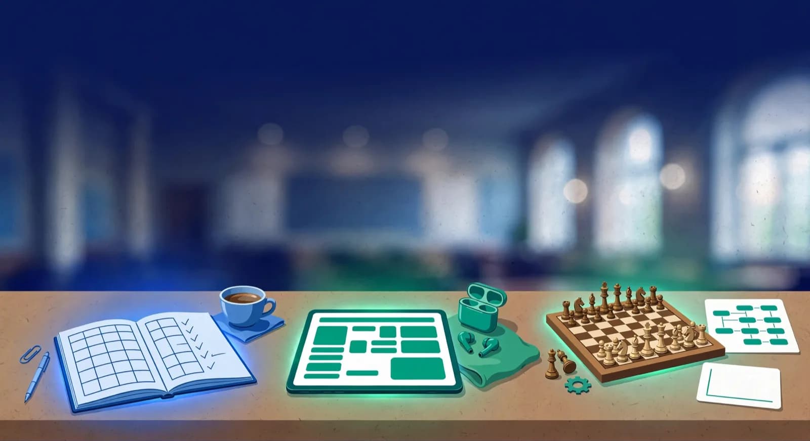 Three workstations in a row showing spreadsheet, generic app tablet, and chess board with engine printout.