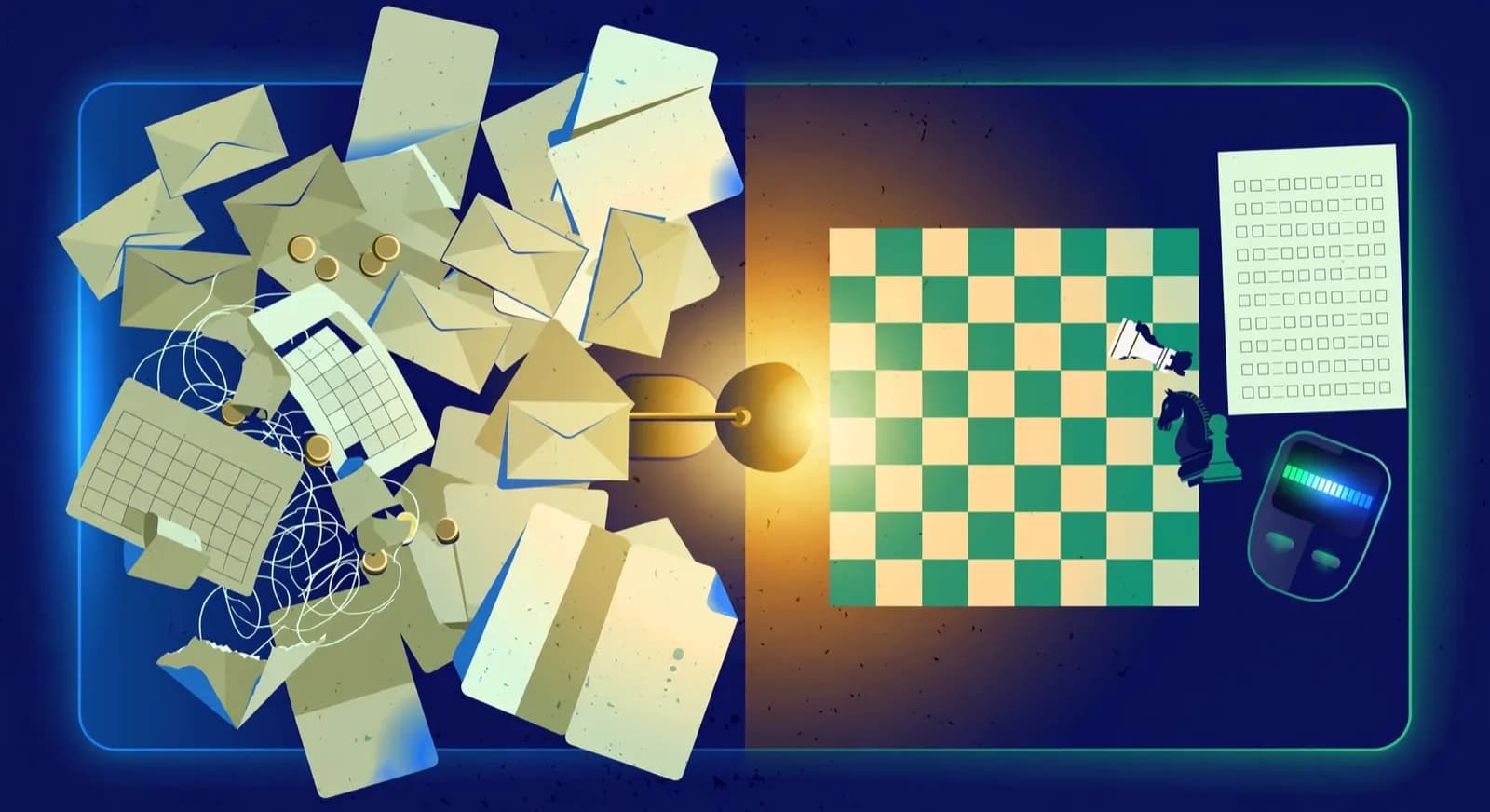 Desk split into admin papers on the left and chess board with evaluation device on the right.