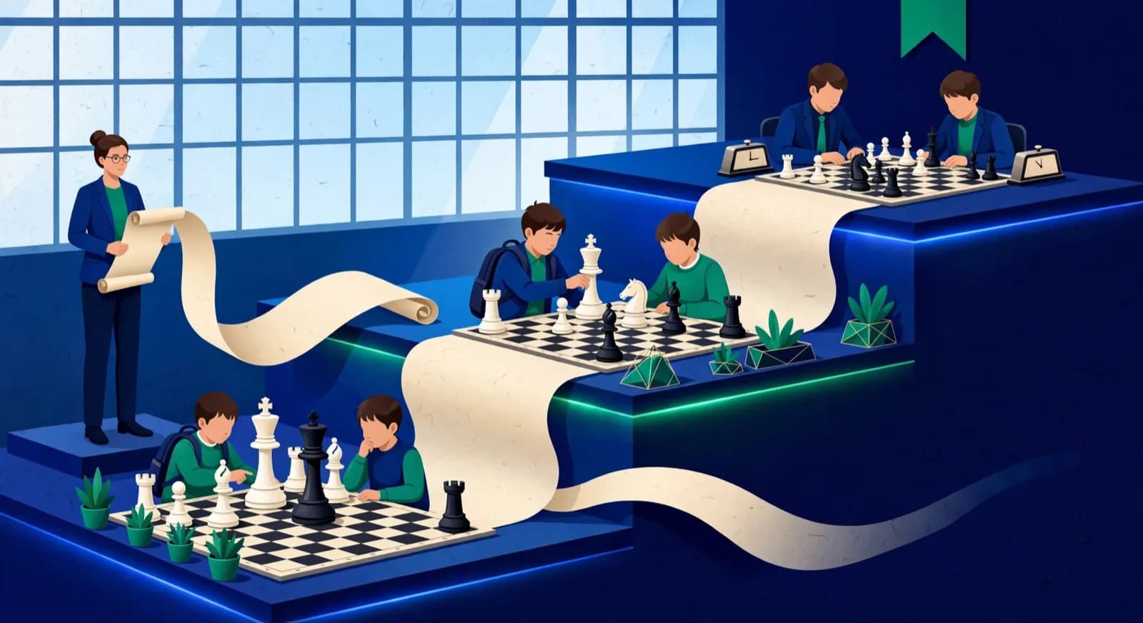 Three classroom terraces showing beginner, improver, and competitive chess bands.