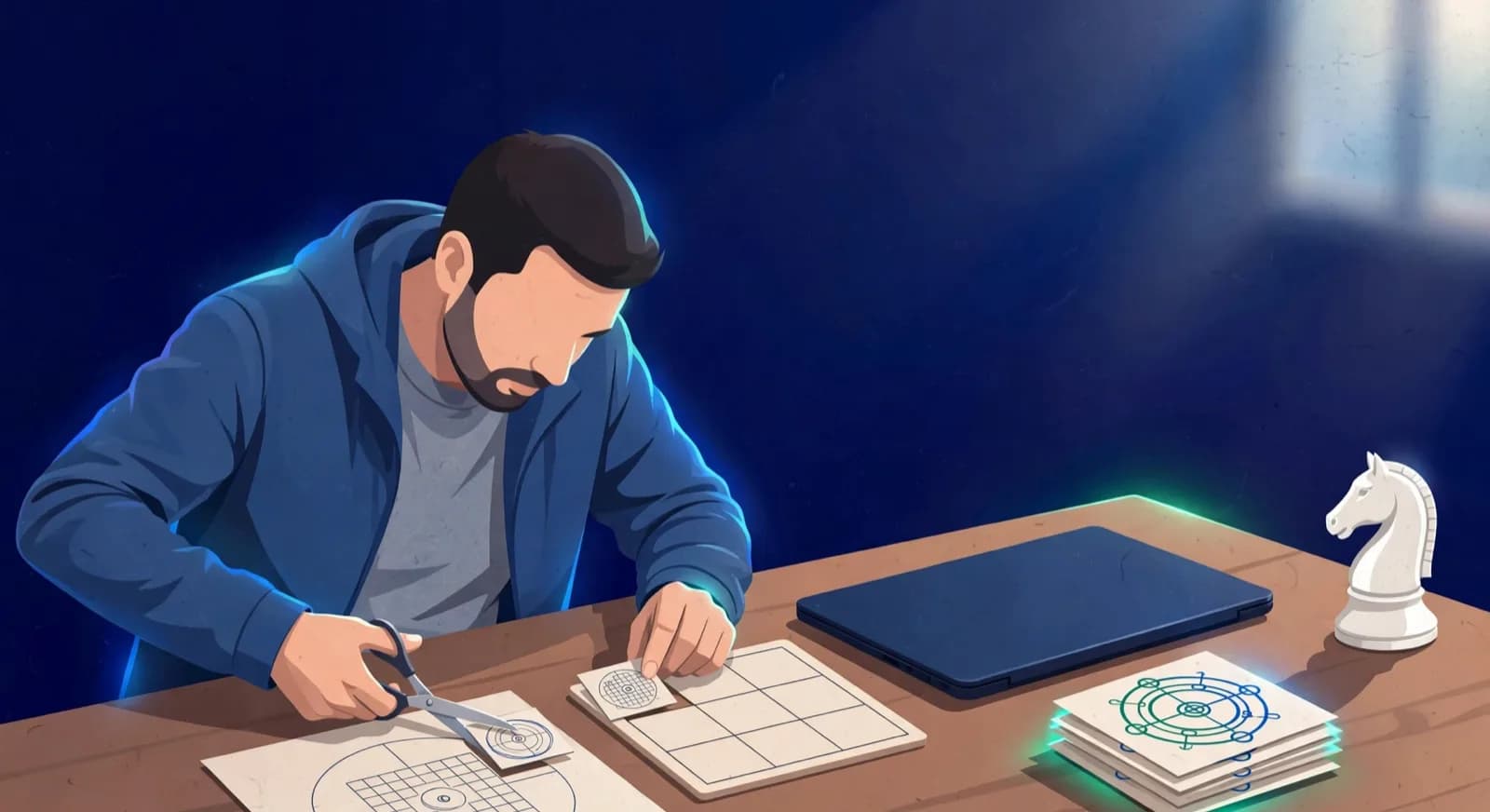 A coach cuts a circled board diagram from a printed game record and places it on a small puzzle board.