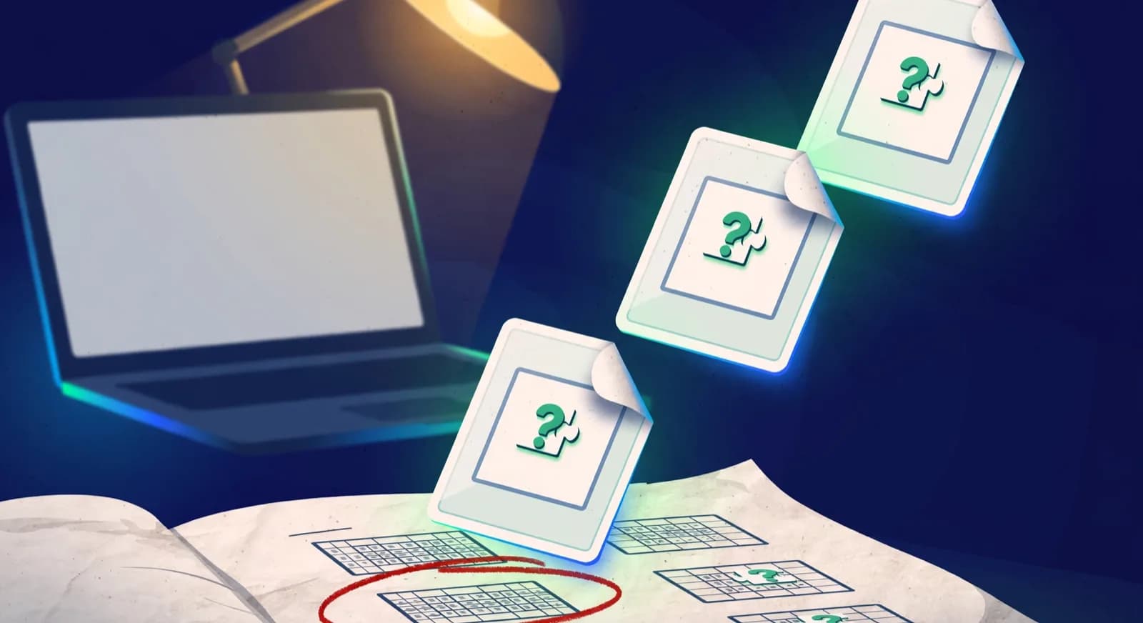 A circled move on a scoresheet transforming into three puzzle cards.