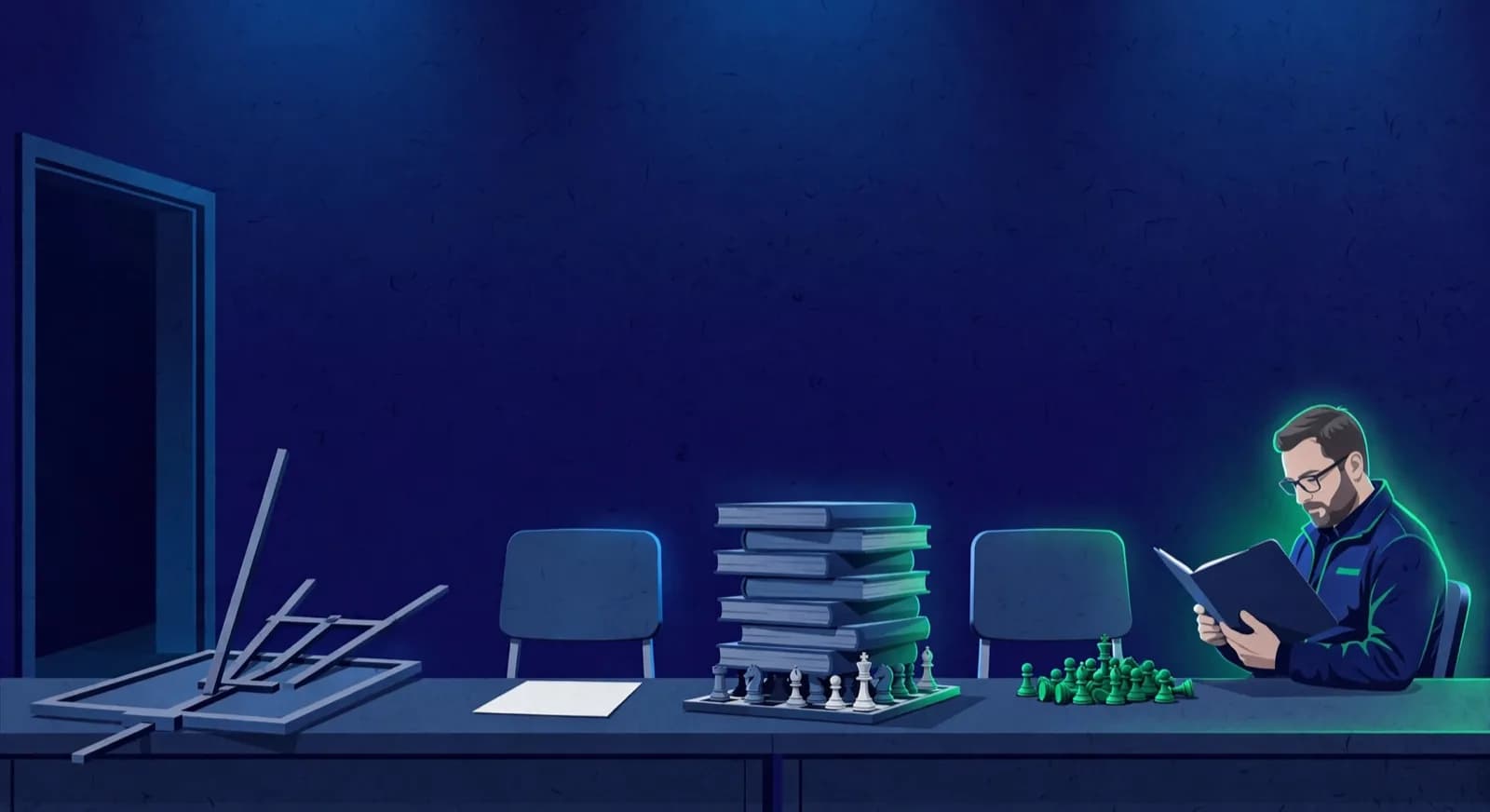 Four make-up edge case objects sit on a desk while a coach reads a written policy folder.