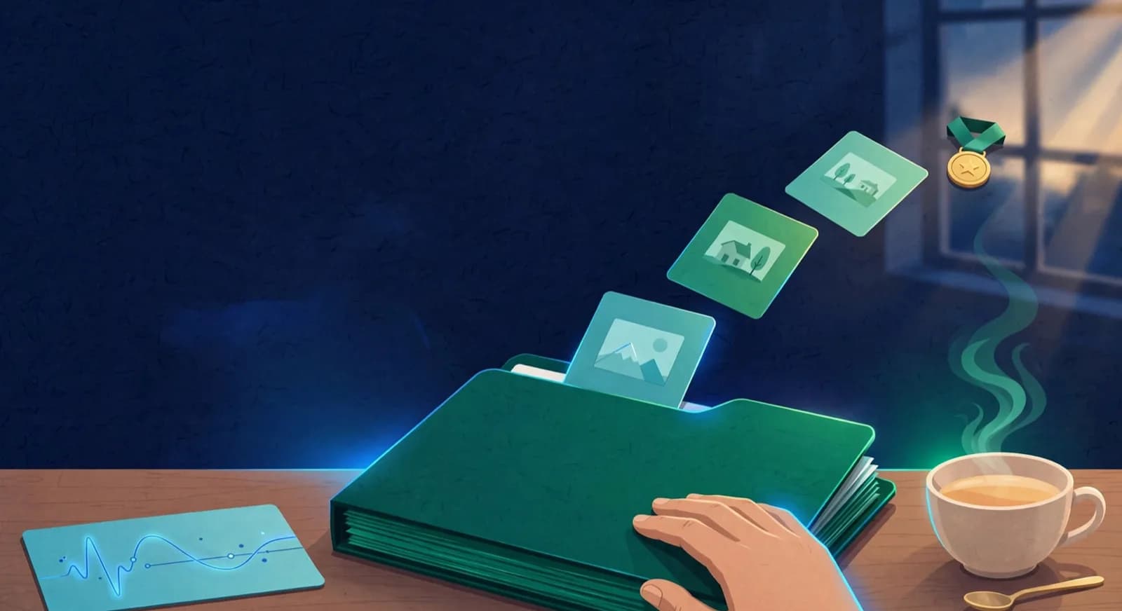 A thin monthly report card sits beside a thicker term-end folder fanning three snapshot cards toward a small medal.