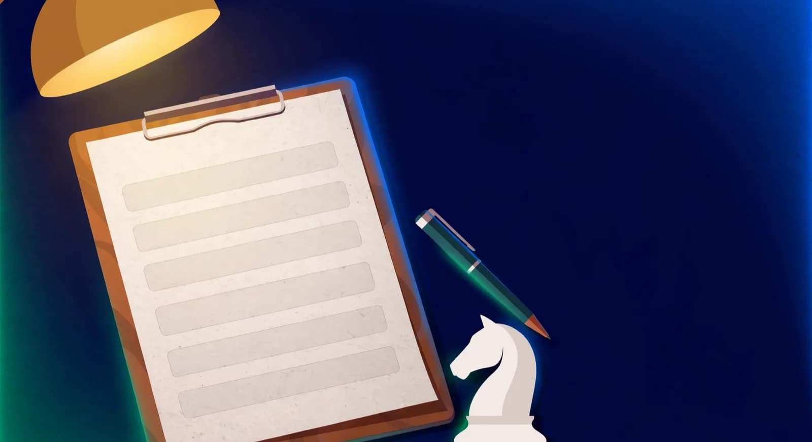 A half-page clipboard report template beside a white knight and a pen.