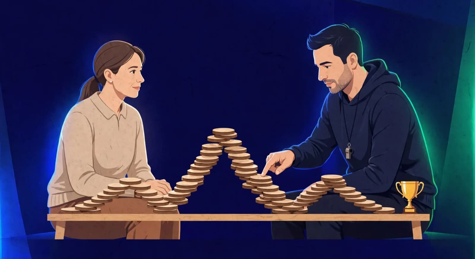 A coach points along a rising and falling trail of rating discs while a trophy sits unused at the table edge.