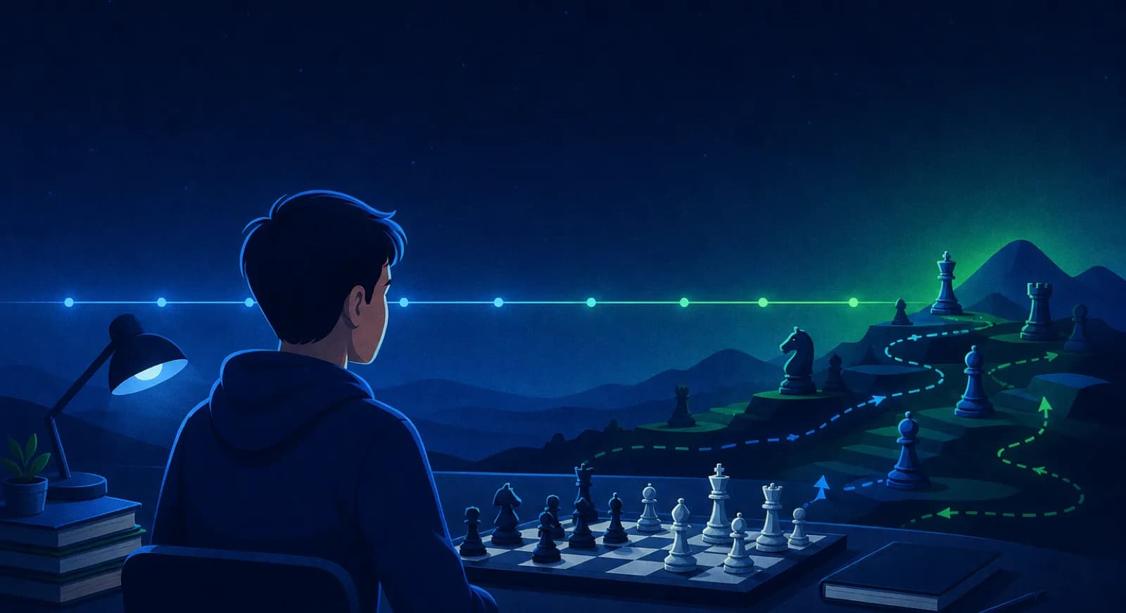 A student explores broader chess ideas while the rating path remains temporarily level.