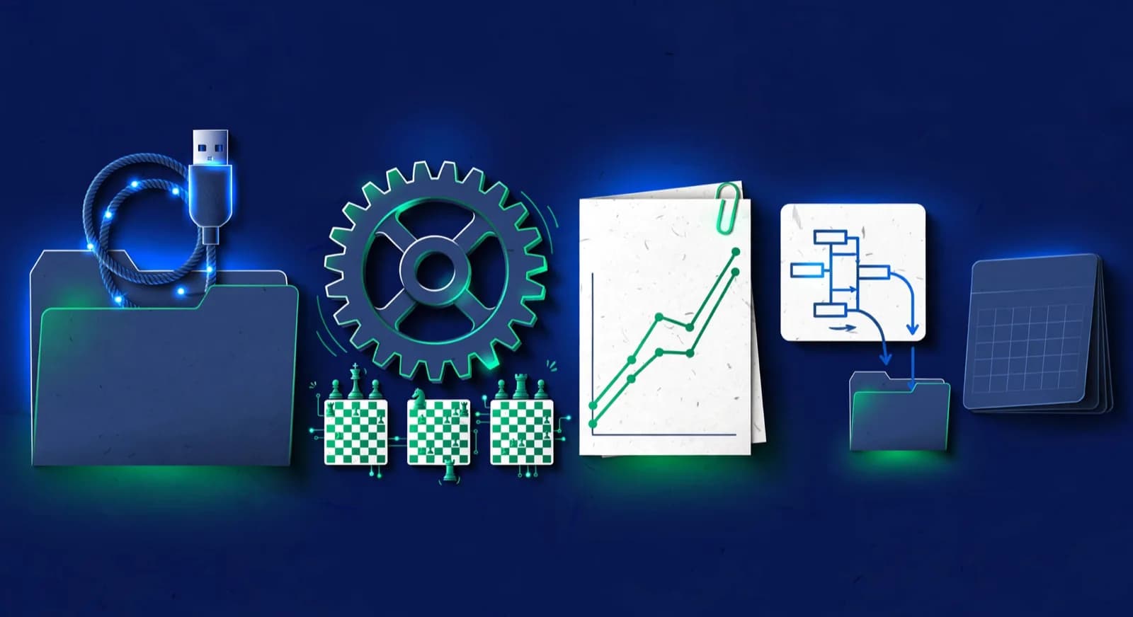 Desk props for game sync, engine review, rating reports, and tournament records.