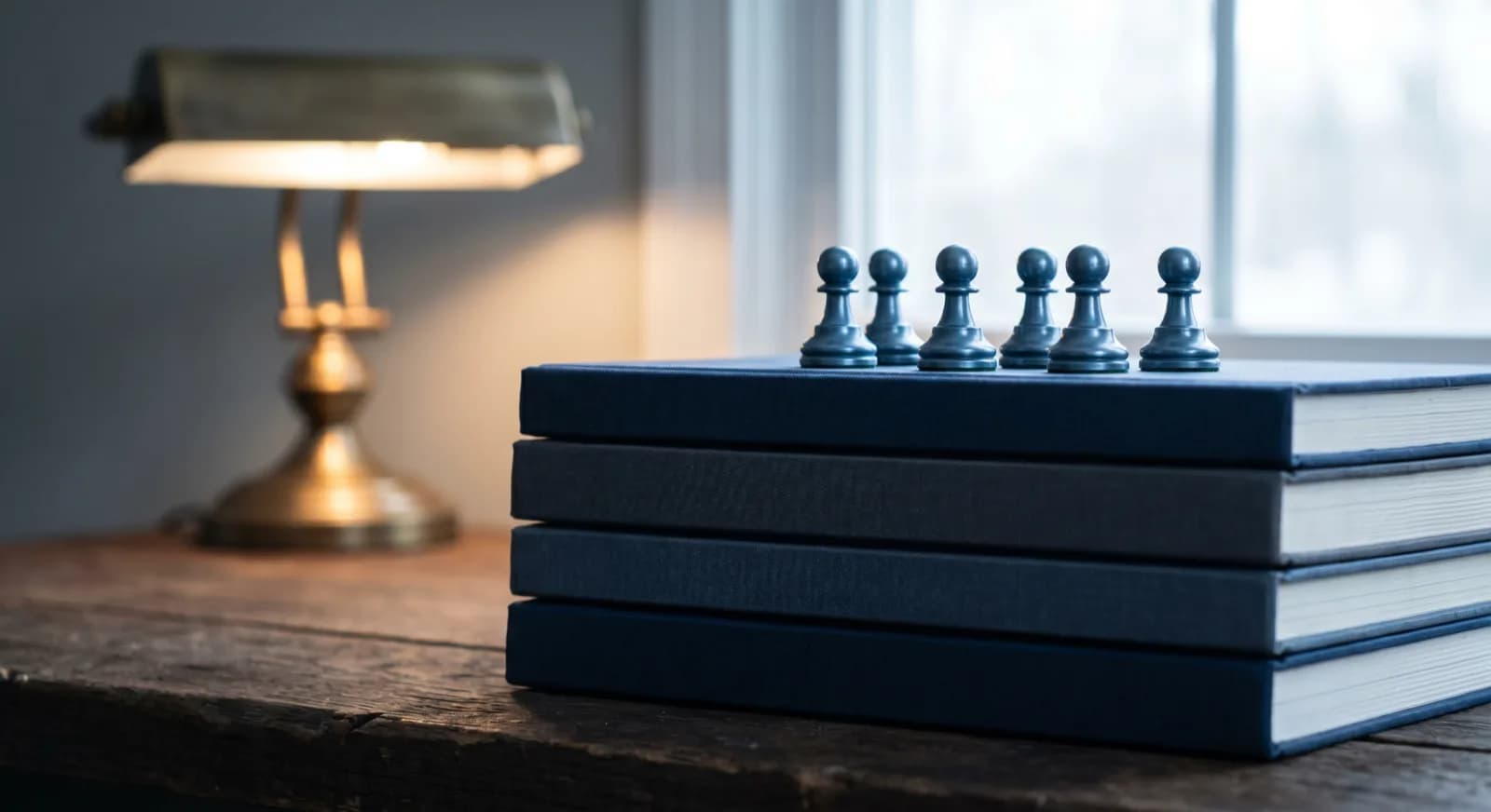 A glass chess set arranged on a dark desk beside a laptop