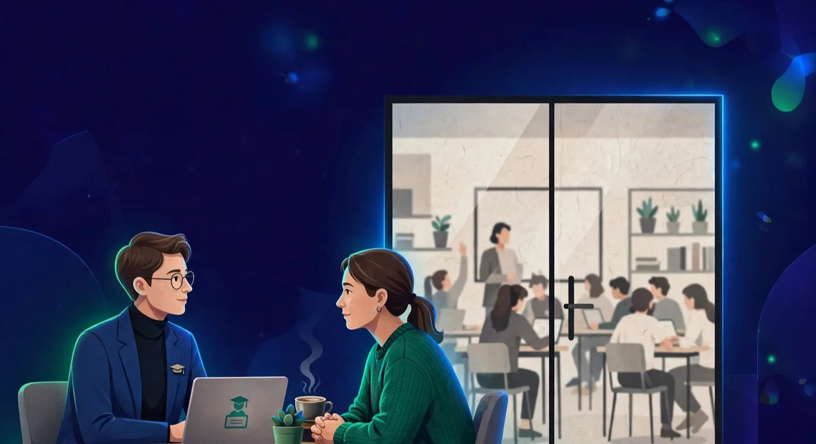A private parent meeting in a side office while the classroom continues outside.