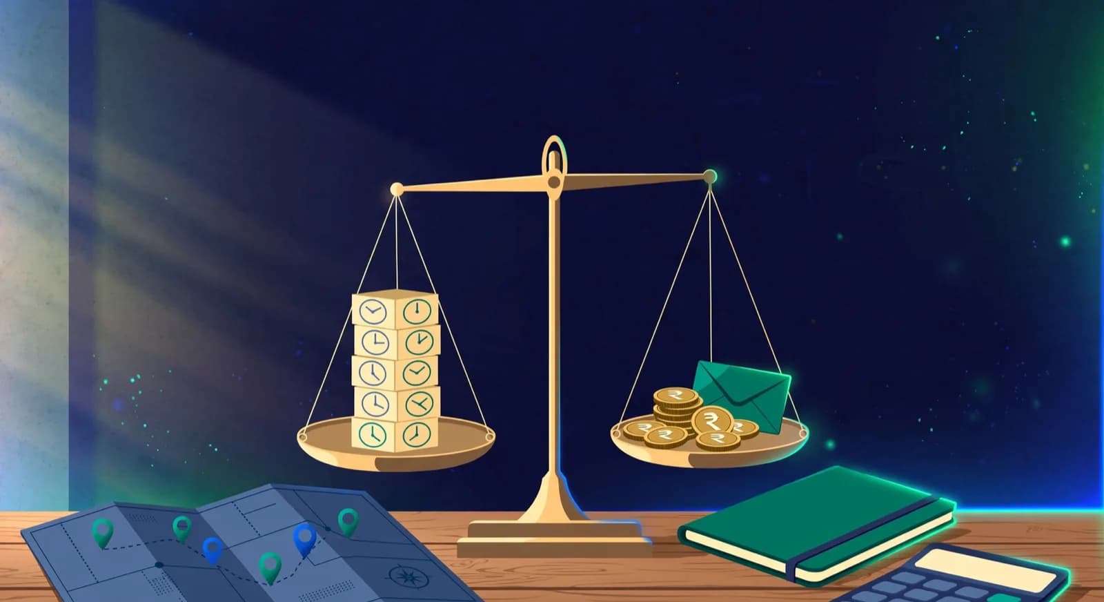 A balance scale weighing lesson clock blocks against rupee coins and a fee envelope.