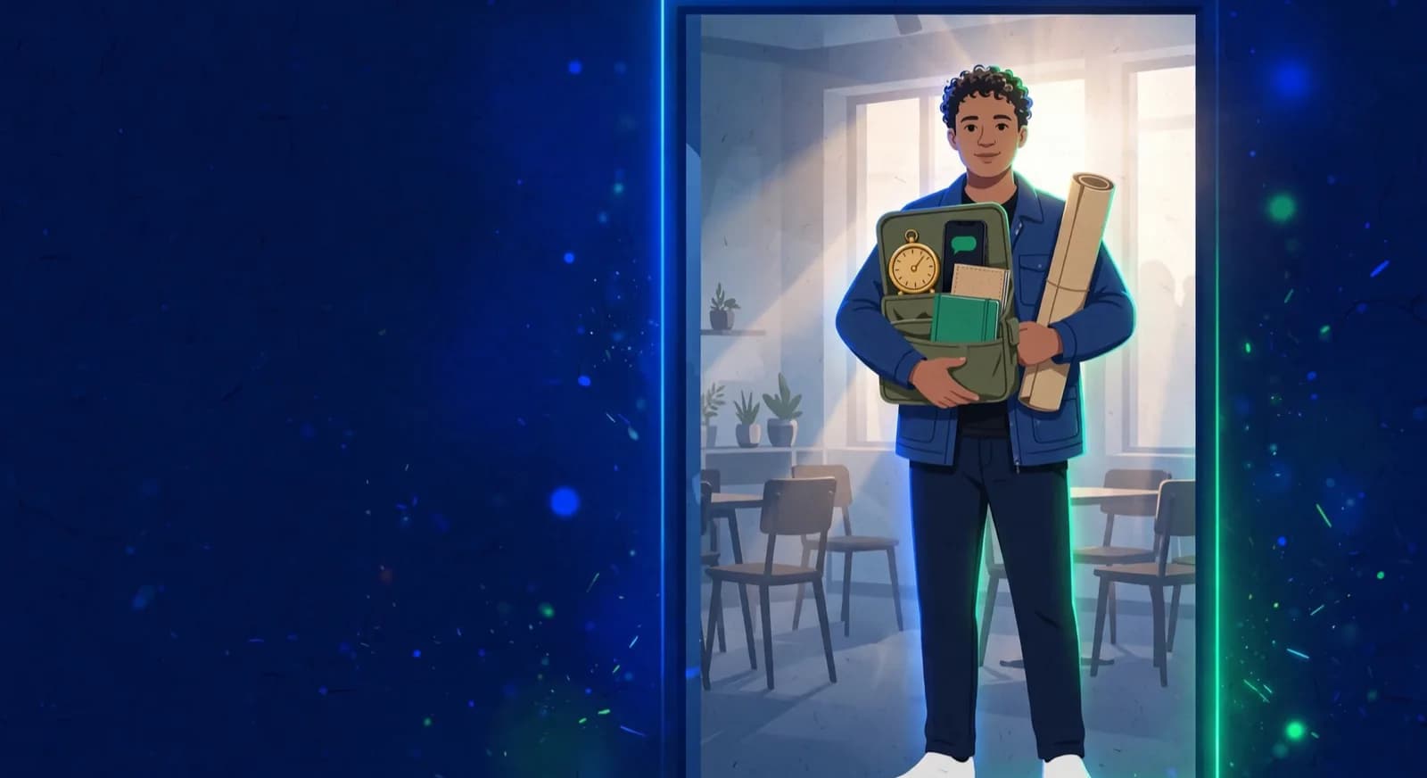 A new coach stands in a doorway holding a demo board, timer, phone, receipt book, and student notebook.