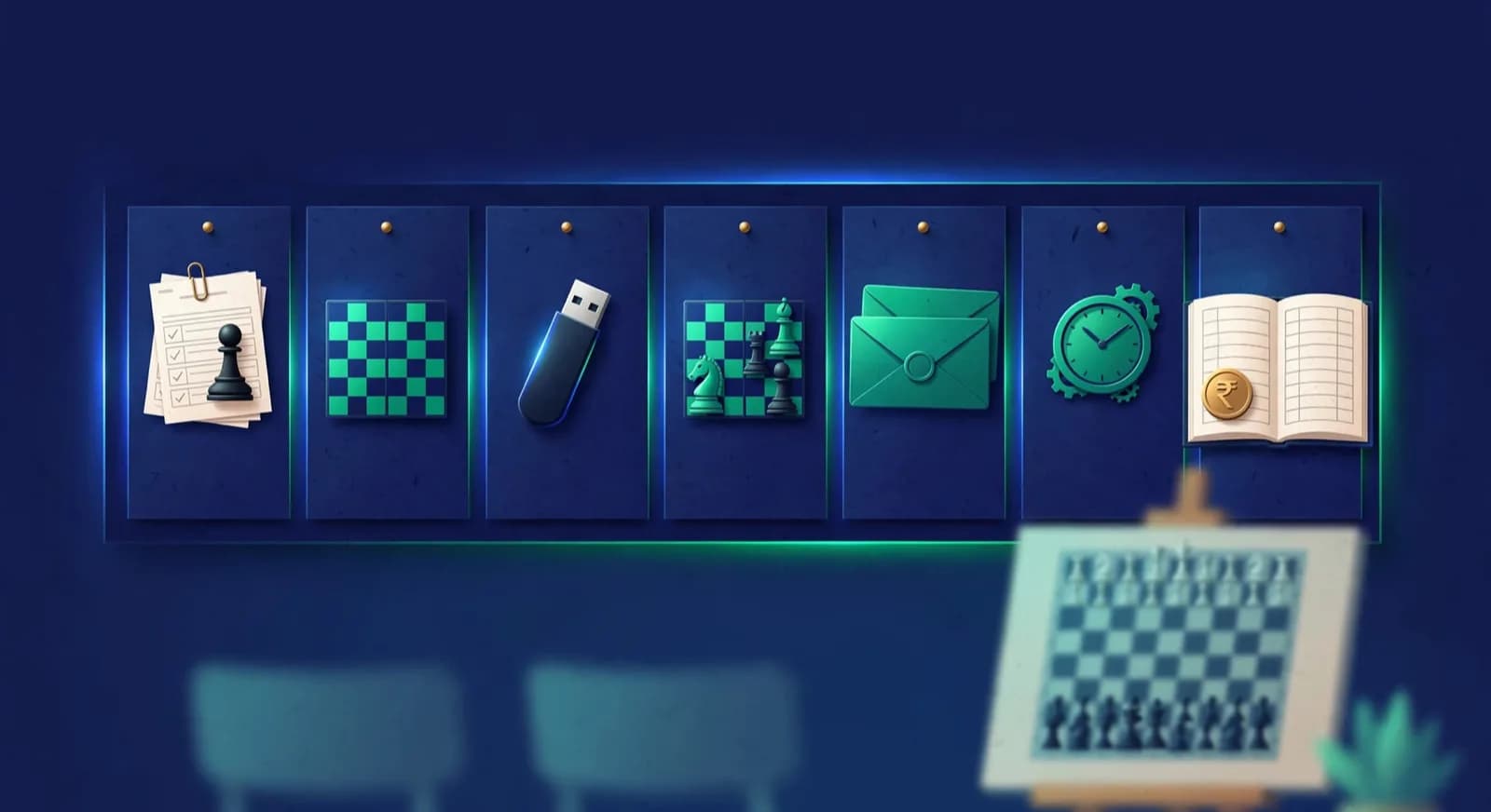 A weekly planner wall where each day is marked by a chess academy operating prop.