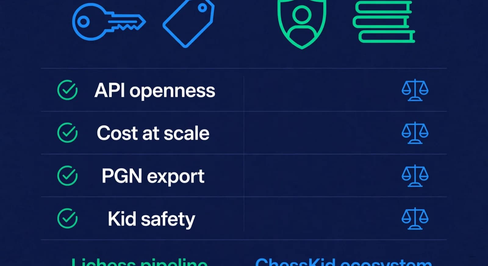 Side-by-side academy criteria comparing open game pipelines with a kids ecosystem.