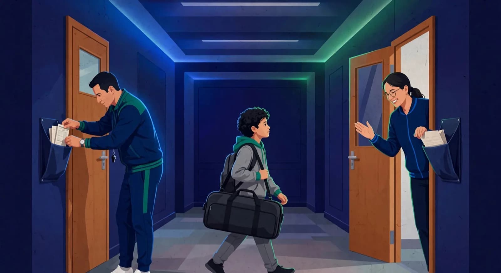 One coach pins a scoresheet into a corridor wall pocket while another coach waits at the next classroom door.