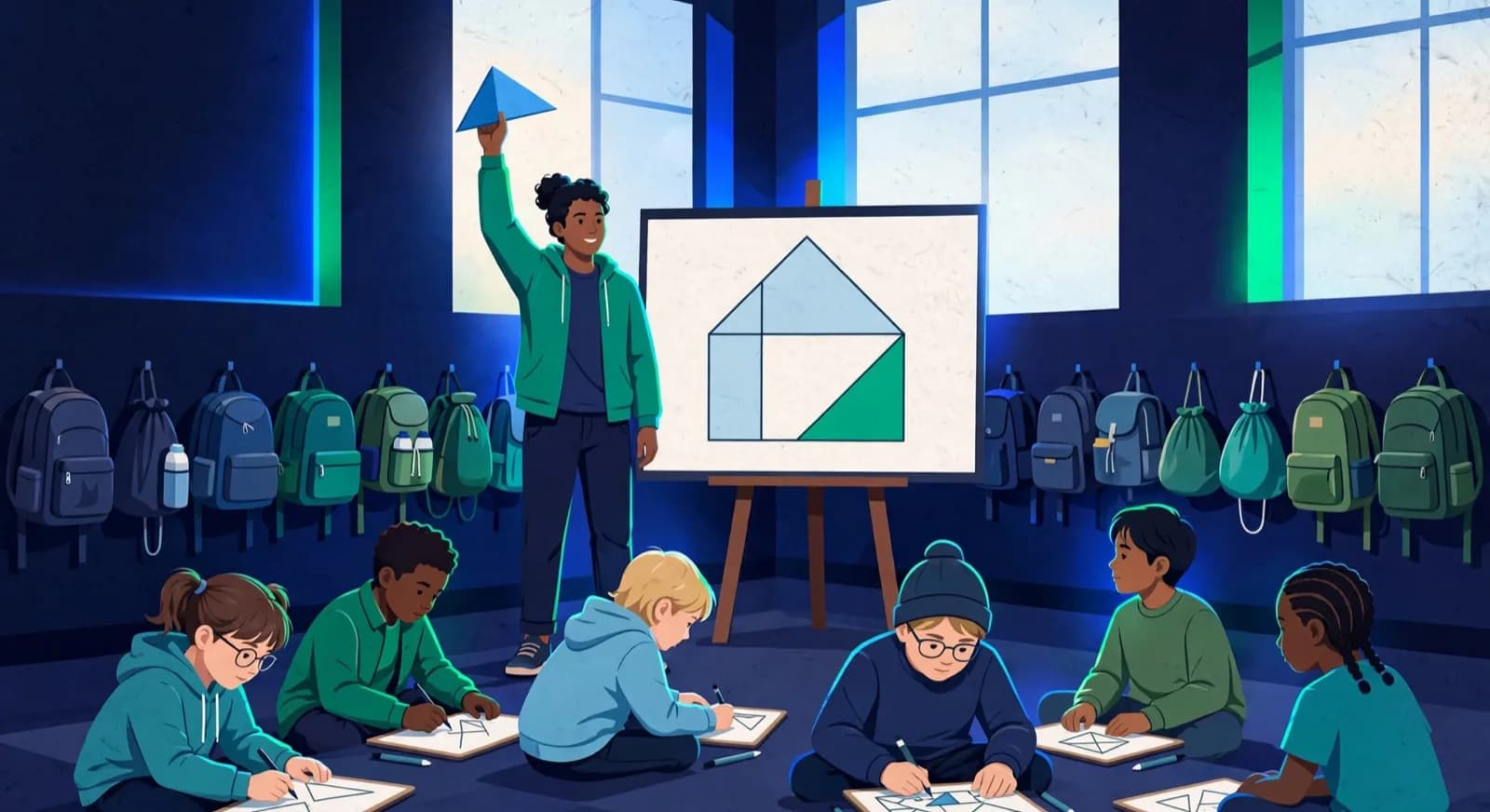 A school chess club room with a warm-up puzzle on a demo board and children settling to play.
