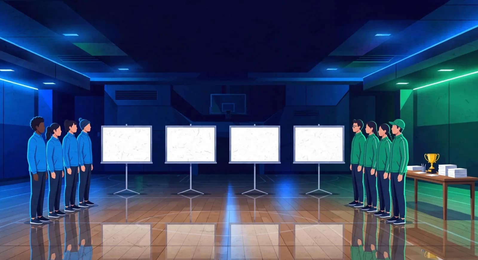 A school team match with four boards lined up in a gymnasium.