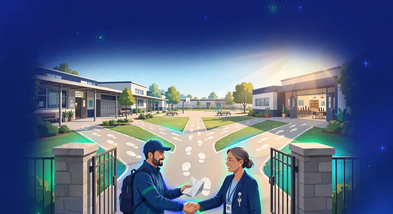 A coach hands a one page proposal to a principal at a school gate with three campus paths behind them.