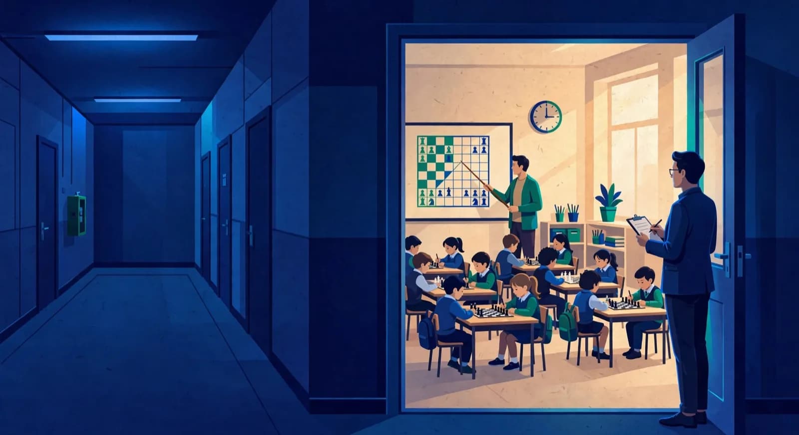 Head teacher observing a single classroom of twelve children with chess sets and a wall board.