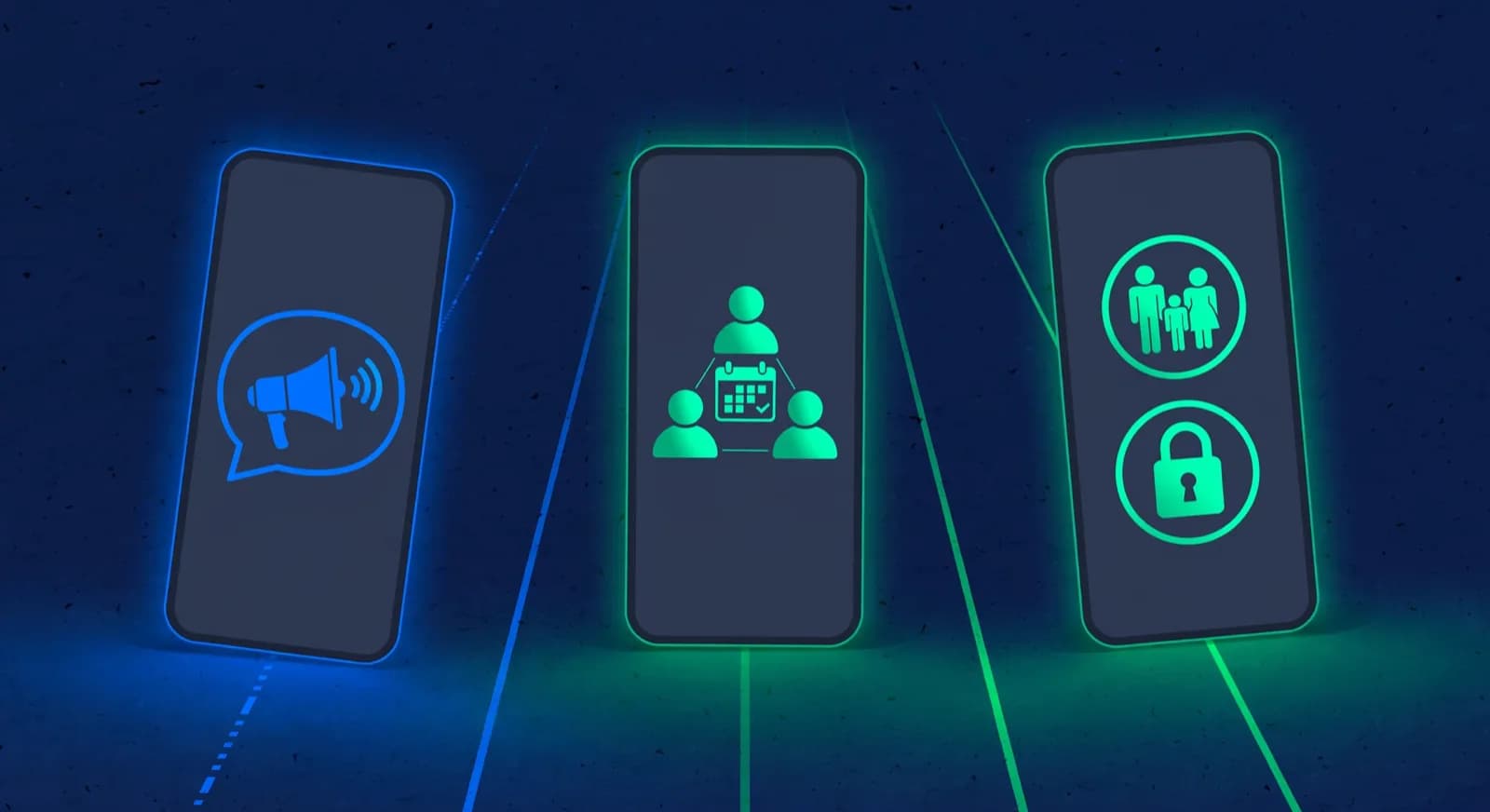 Three phones arranged as broadcast, batch group, and private family channels.