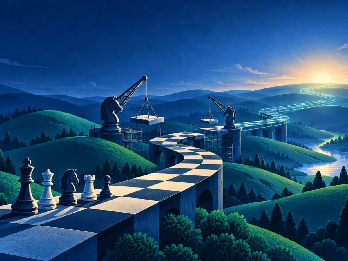 Illustration of a road of chessboard squares crossing green hills, finished near, lifted into place by knight-shaped cranes in the middle and still outlines toward the sunrise